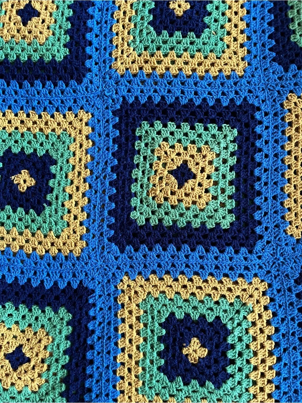 Vintage Handmade Crochet Afghan Blanket in Blue, Green, Yellow, Navy 48 x 72